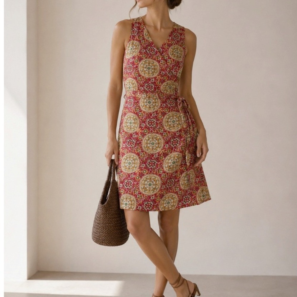 Vintage 100% Silk Mini Dress Paisley Wrap Red 6 Abstract Groovy‎ Boho Corporate